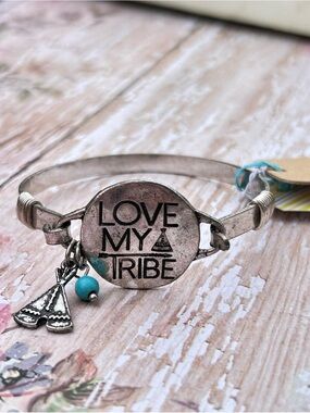 Silver 'Love My Tribe' Charm Bangle with Turquoise Accent